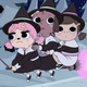 Susie, Alice, and Betsy making their escape on a broom.
